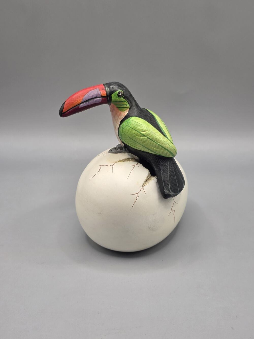 Vintage Mexican Folk Art Ceramic Hatching Toucan Egg Sculpture Hand Painted